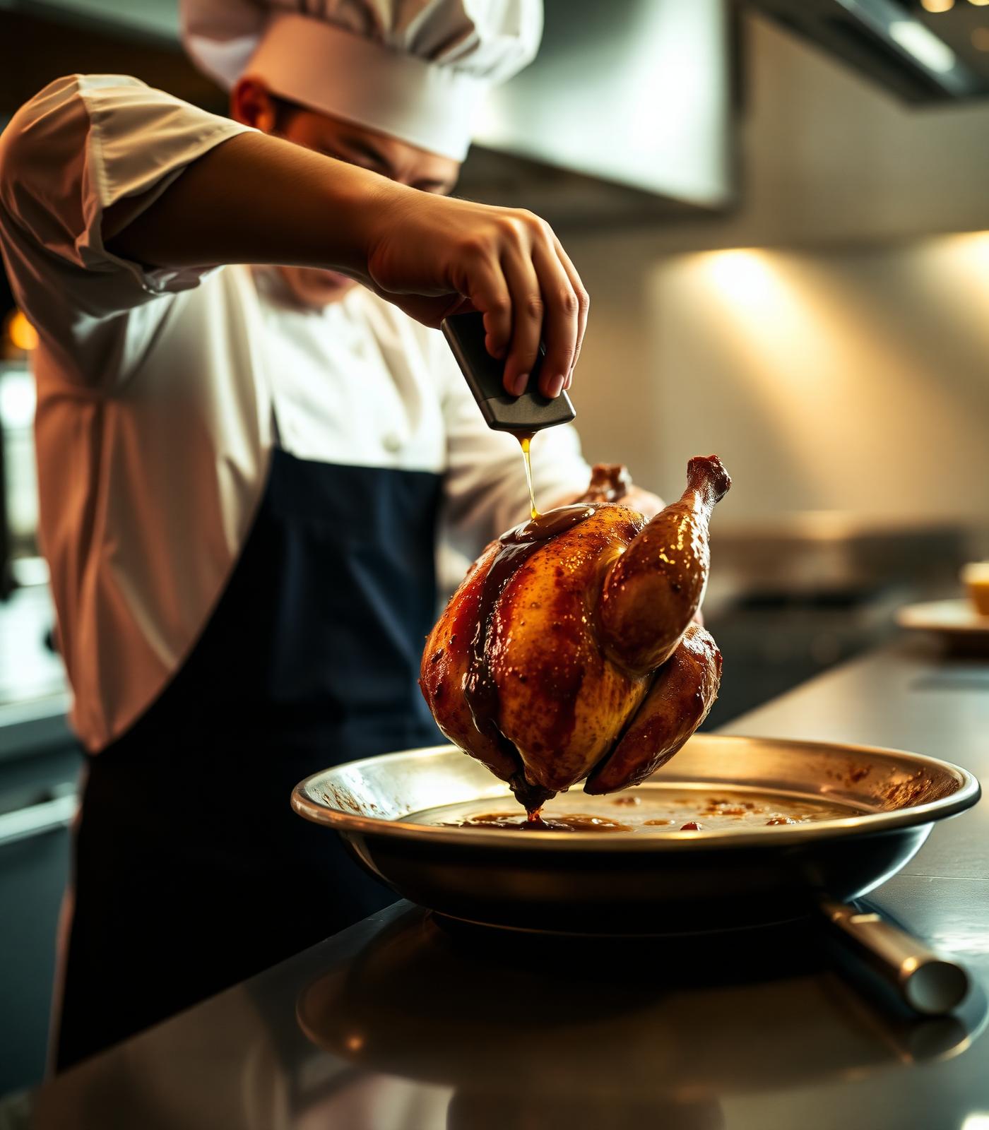 Chef basting a whole roasted chicken